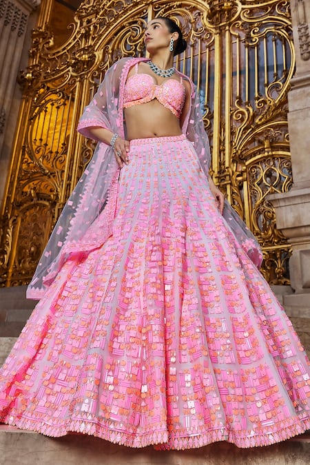 Seema Gujral Pink Net Embroidery Sequin Sweetheart Neon Work Bridal Lehenga Set 