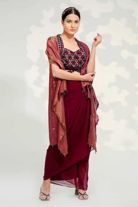 Tamaraa By Tahani Hand Embroidered Crystal Blouse Dhoti Skirt Set 