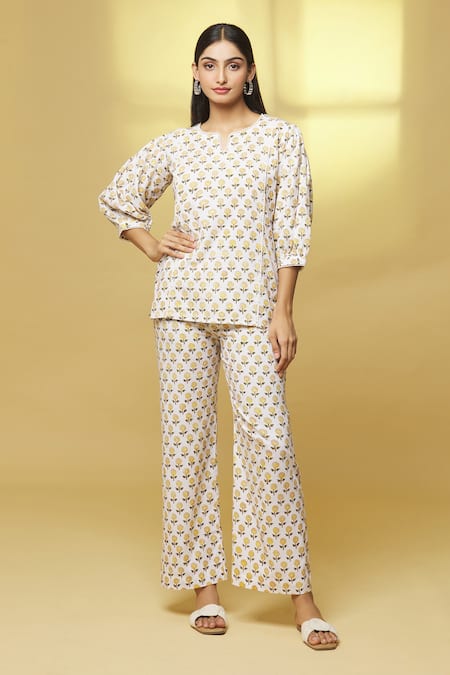Kalakaari By Sagarika White Cotton Embroidery Button-down Neck Floral Print Top And Pant Set 