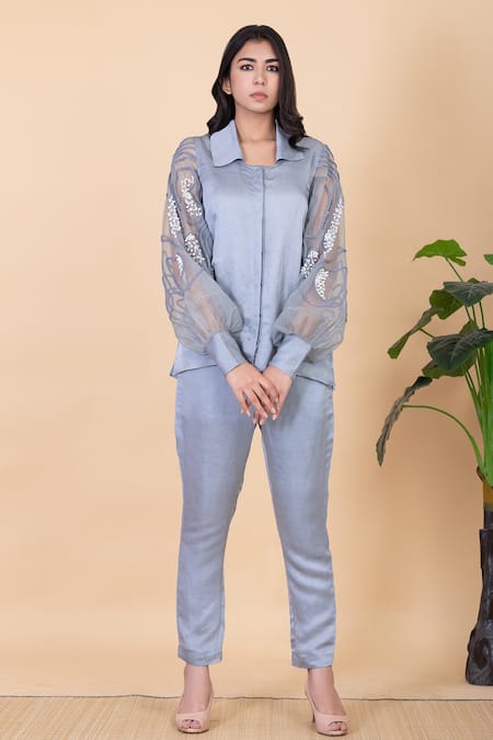 Chambray & CO. Grey Silk Embroidery Collared Iza Shirt And Pant Set