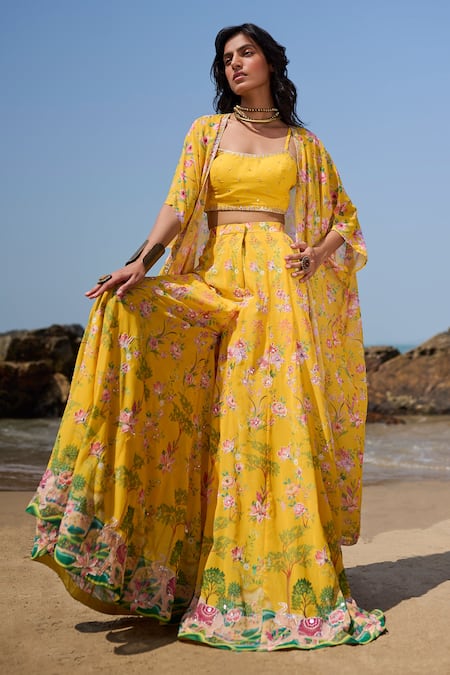 LASHKARAA Yellow Georgette Embroidery Zari Flower Scoop Neck Vine Print Jacket Sharara Set 