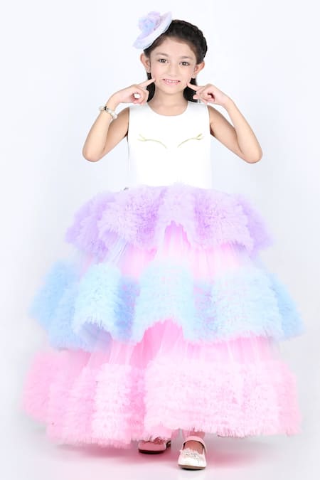 The little celebs Multi Color Net Embroidered Gold Thread Work Unicorn Ruffle Layered Dress 