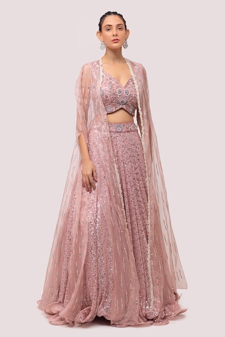 Onaya Pink Lycra Embroidered Sequin V Neck Jacket Lehenga Set 