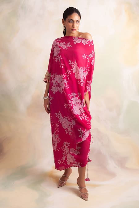 Palak & Mehak Pink Crepe Floral Asymmetric Print Dress Online at Aza Fashions Palak & Mehak_Pink Crepe Floral Asymmetric Print Dress _Online_at_Aza_Fashions