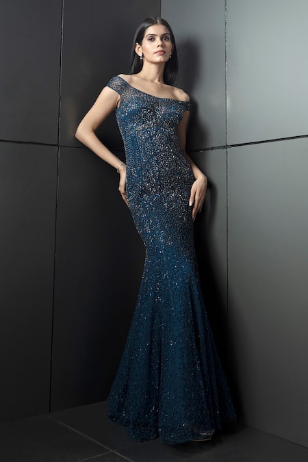 Rohit Gandhi + Rahul Khanna Starburst Embellished Off Shoulder Gown 