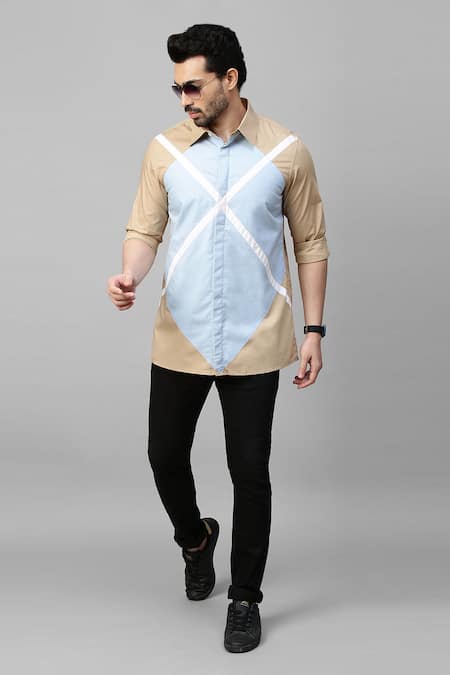 Echke Brown Cotton Blend Plain Geometric Pattern Shirt