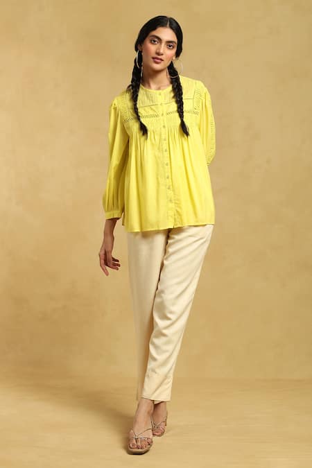Buy Vansham Women's Rayon Yellow Short 3/4 Sleeves Straight Casual Short  Kurti - (Large) at Amazon.in