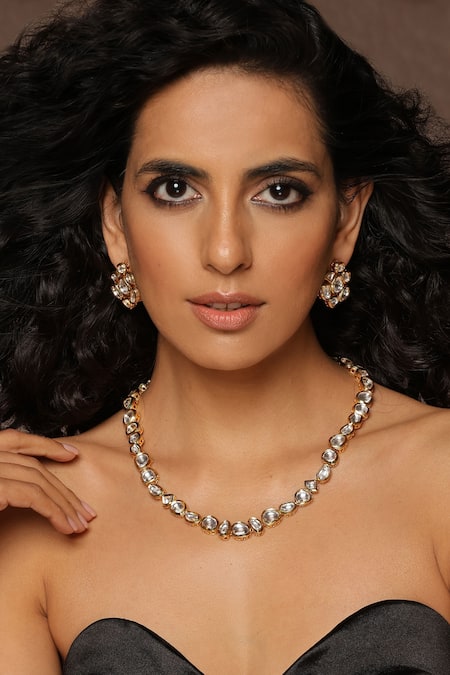 Shop_Swabhimann_Gold Plated Diamonds, Stones Geometric Kundan Embellished Necklace Set _Online_at_Aza_Fashions