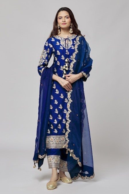 Buy_Surbhi Shah_Blue Organza, Silk Tassels, Embroidery Kurta Set With Scallop Border Dupatta _at_Aza_Fashions