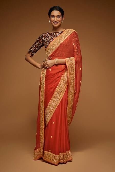 Neeta Lulla Red Chiffon Flower, Mandala Pattern Boat Neck Ida Butti Saree With Blouse