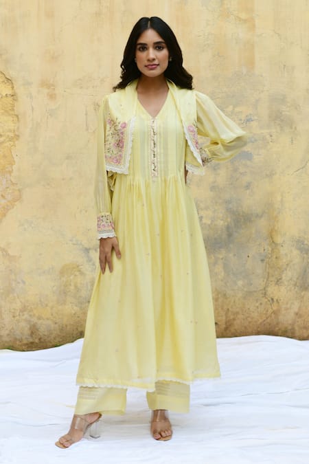 Label Niti Bothra Yellow Pure And Handwoven Banarasi Silk With Bemberg Jacket Kurta & Palazzo Set