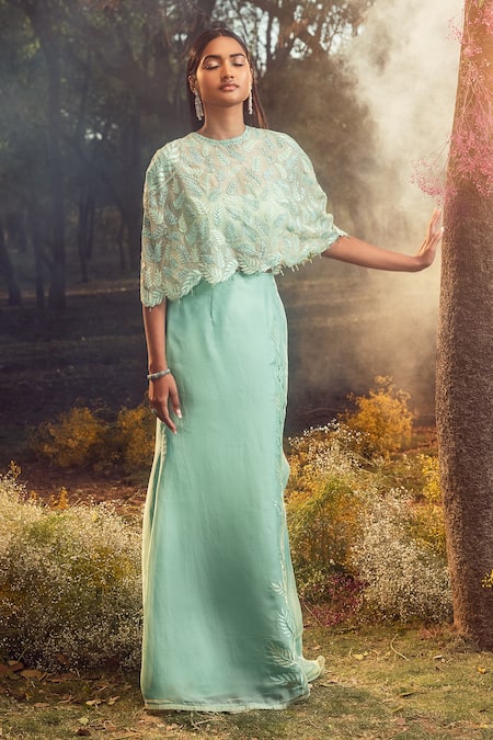 Nitika Gujral Blue Lycra, Organza Sequins, Beads, Leaf Petal Embroidered Cape Skirt Set 