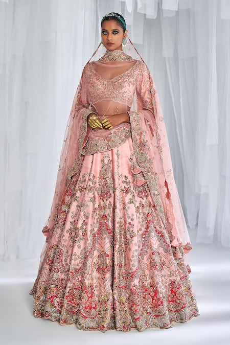 Dolly J Pink Silk Embroidery Plunge Neck Hazel Raw Bridal Lehenga Set