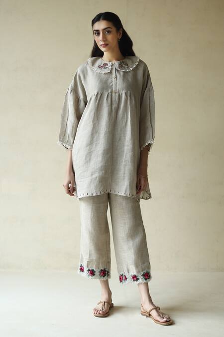 Roza_Beige Gauze Linen Embroidered Thread Peter Alice In Wonderland Tunic _at_Aza_Fashions