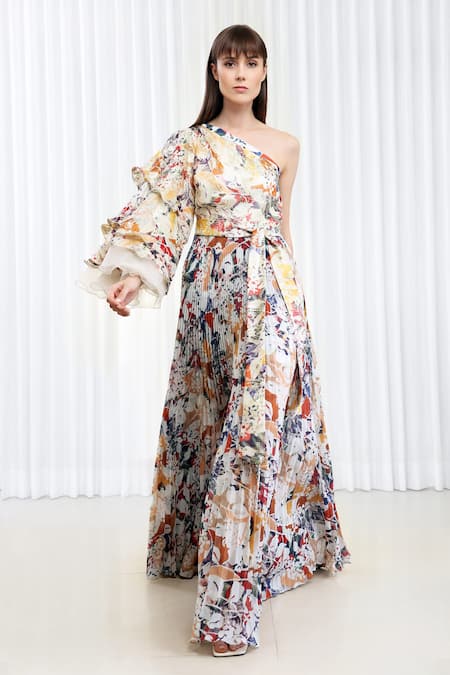 Mandira Wirk Resort Autumn Leaves Print Pleated Dress 