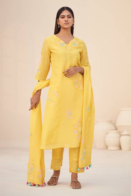 Hirika & Dhruti Floral Embroidered Yellow Kurta Set 