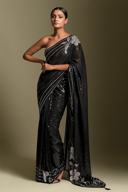 Sequinned Georgette Saree in Black | Indian fashion, Black sequin saree, Sequin  saree