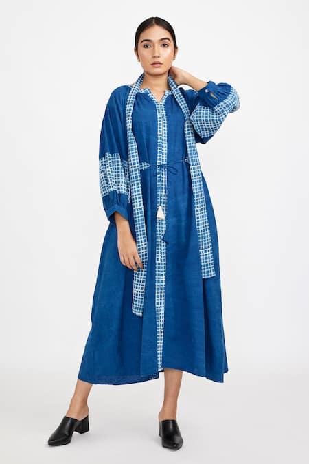 Jayati Goenka Blue Hand Block Print Checkered V Neck Puffed Sleeve Dress 
