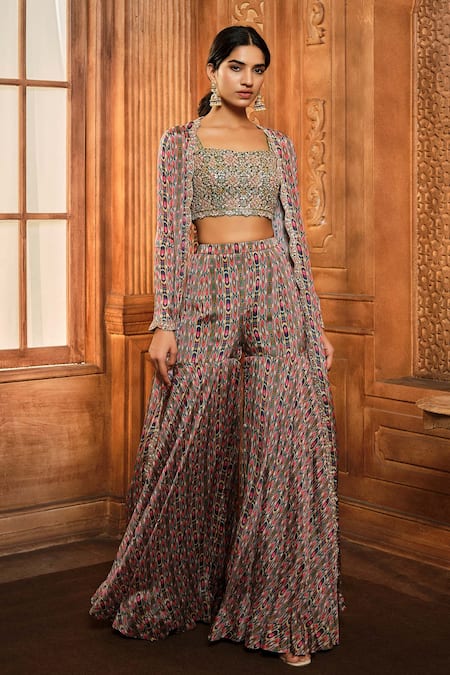 Aneesh Agarwaal Green Crepe Printed Stripe Jacket Open Sharara Set 