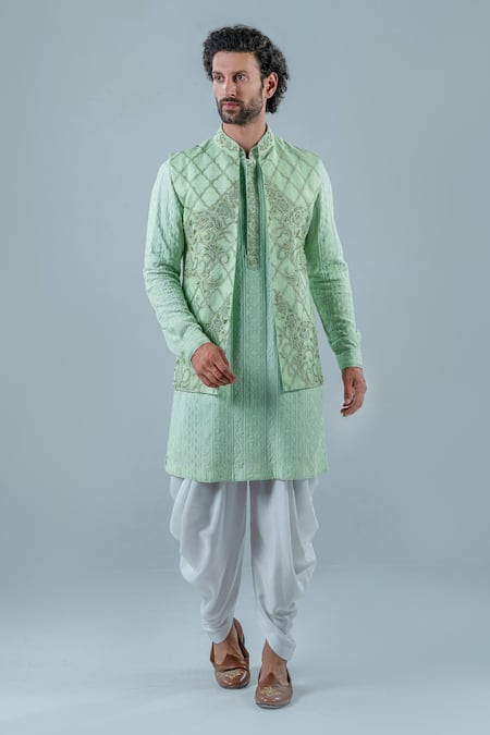 Punit Arora Geometric Floral Embroidered Bundi And Kurta Set 