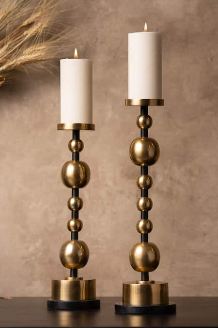 S.G. Home Black Metal And Marble Tall Baller Candle Holder - Set Of 2 