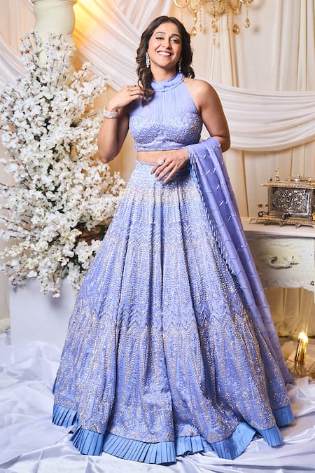 Varun Chakkilam Blue Silk Organza Sequins, Beads Halter Neck Chevron Embroidered Lehenga Set 