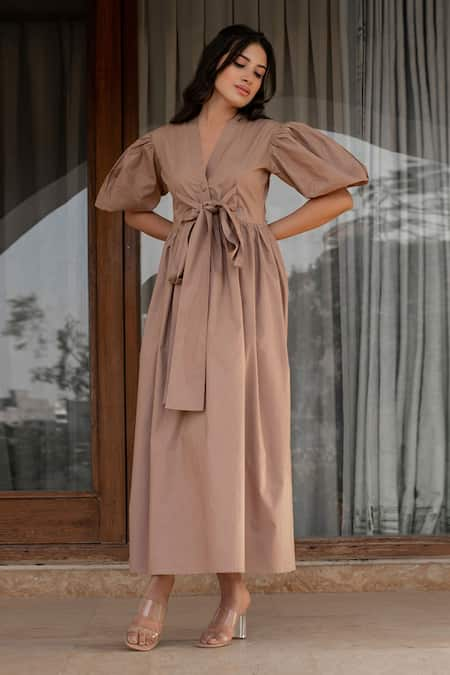 B'Infinite Brown Balloon Sleeve Midi Dress 