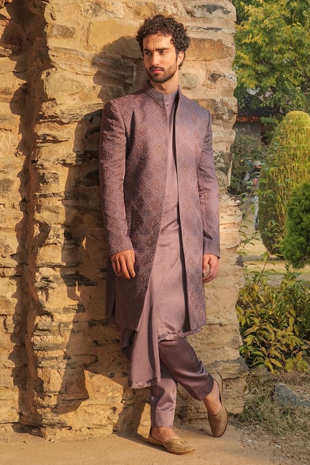 Jatin Malik Linen Silk Jamawar Embroidered Open Sherwani Set 