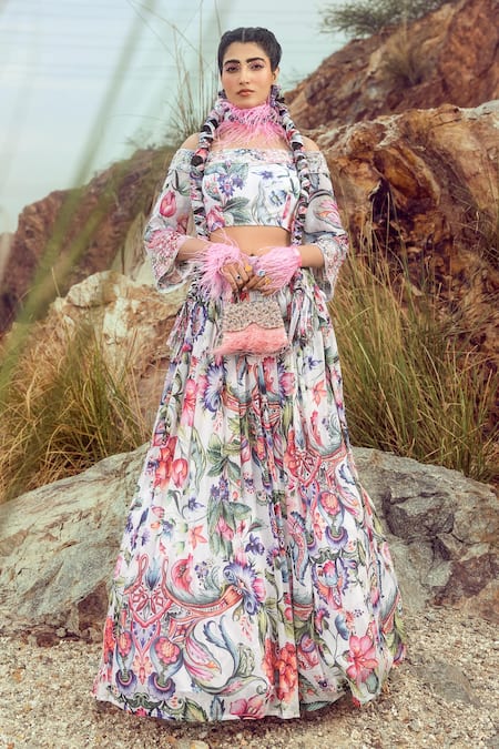 Akanksha Mago Multi Color Georgette Printed Floral Straight Off Shoulder Top And Skirt Set