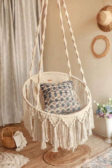 Karighar Off White Metal Frame And Natural Cotton Cord Woven Boho Hammock Chair 