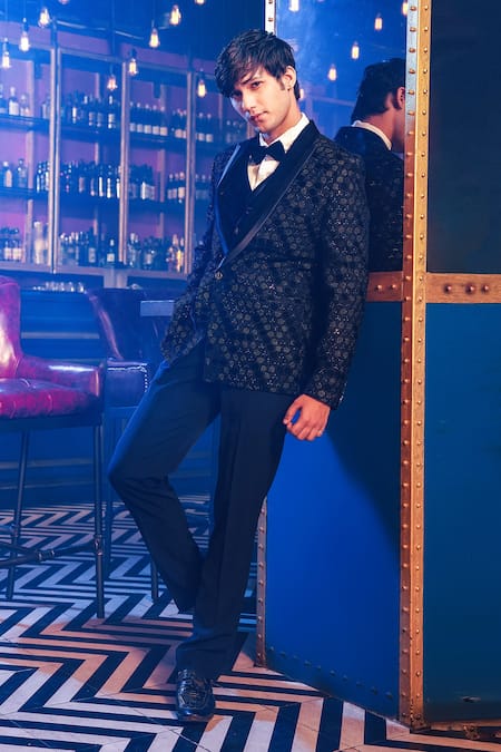 Kora By Nilesh Mitesh Blue Velvet Embellished Honeycomb Patterns Glimmer Tuxedo Suit Set 