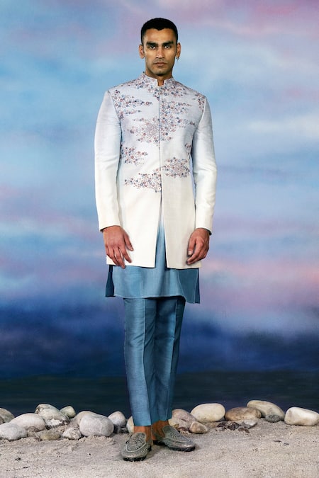 Rohit Gandhi + Rahul Khanna Withering Floral Embellished Silk Sherwani Set 