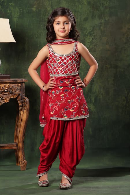 LittleCheer Red Kurta Viscose Cotton Printed Sleeveless Patiala Salwar Set 