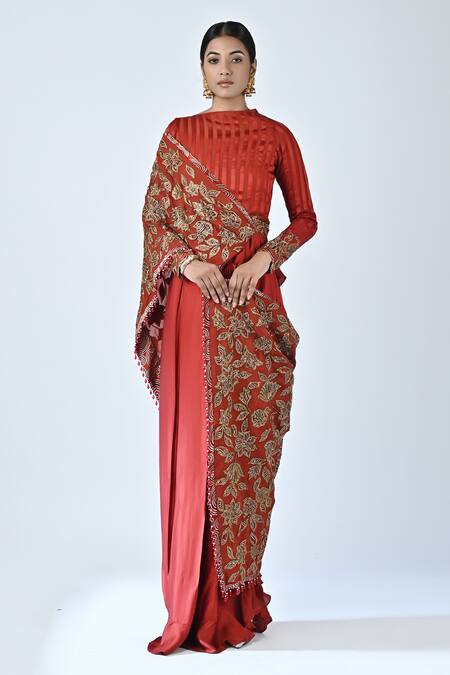 Sejal Kamdar Red German Satin Printed And Hand Embroidered Ajrakh Draped Saree Gown 