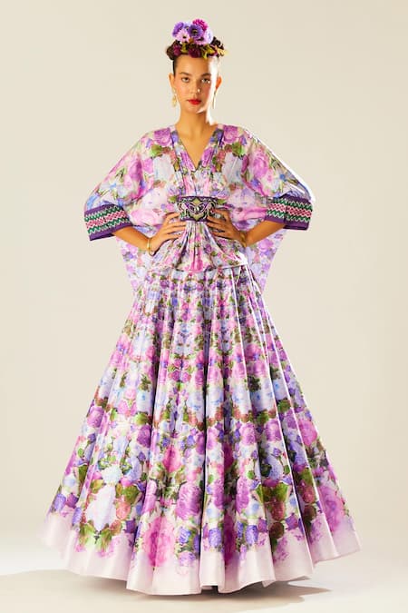 Rajdeep Ranawat Leela Flower Print Lehenga & Poncho Set 