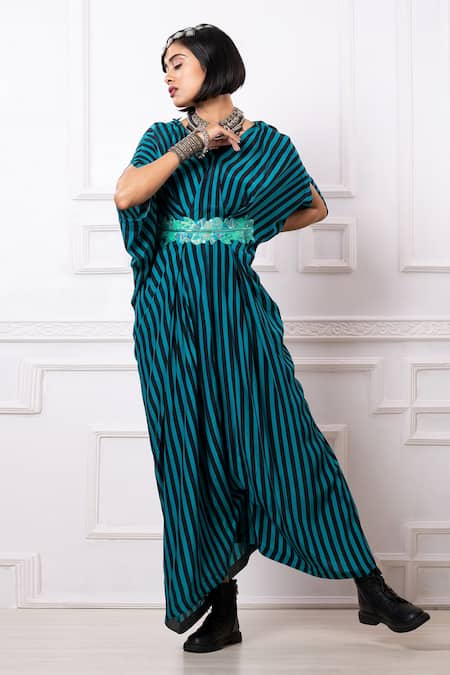 Megha Garg Blue Sequins V-neck Printed Drape Kaftan Jumpsuit 