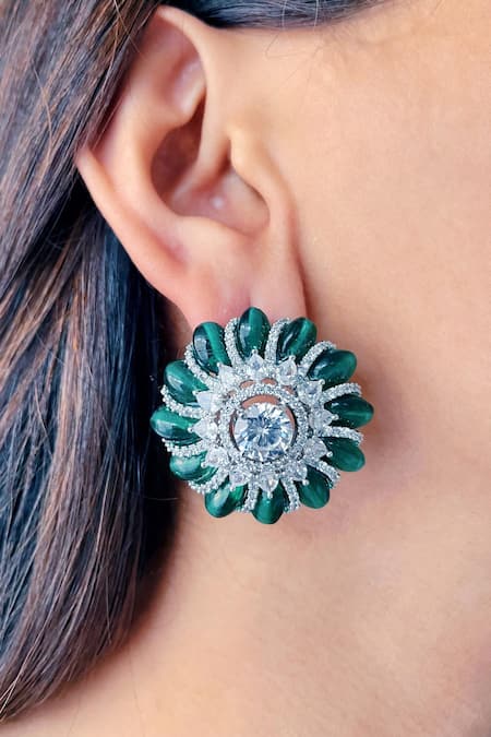 Prerto Green Stone Flora Carved Stud Earrings 