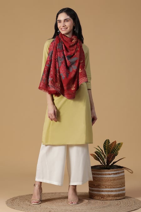 Shingora Red Woven Kani Floral Pattern Stole