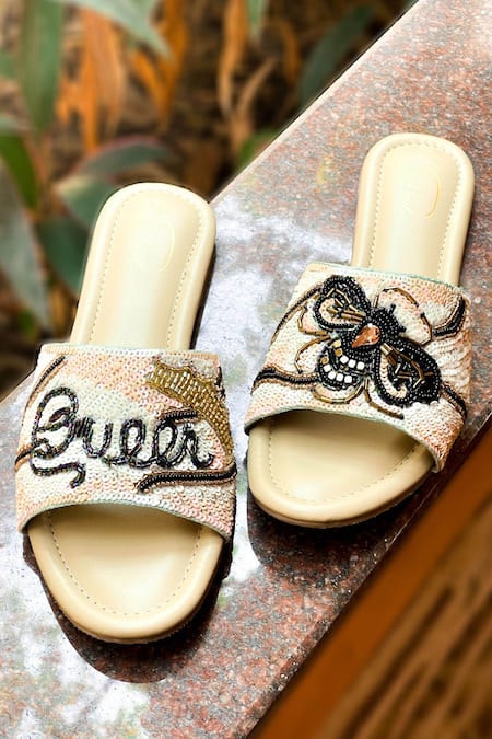 Soleart Queen Bee Hand Embroidered Sliders 