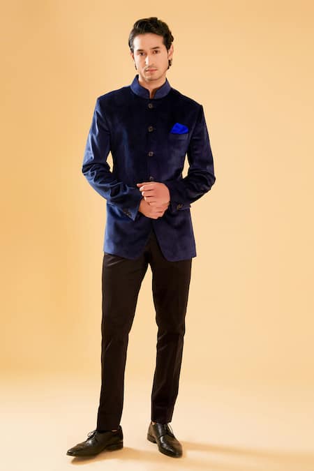 Raghavendra Rathore Blue Blue Velvet Plain Mandarin Collar Bandhgala 