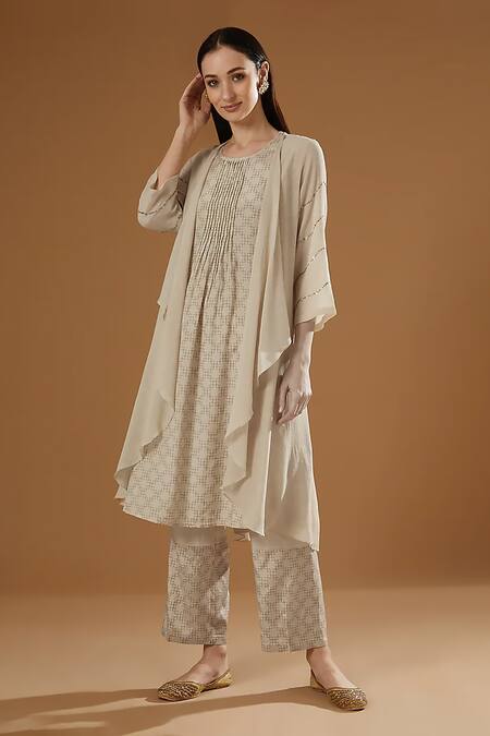 OMI Ivory Crepe, Bamboo Sequins Open , Round Embroidered Shrug And Pant Set 