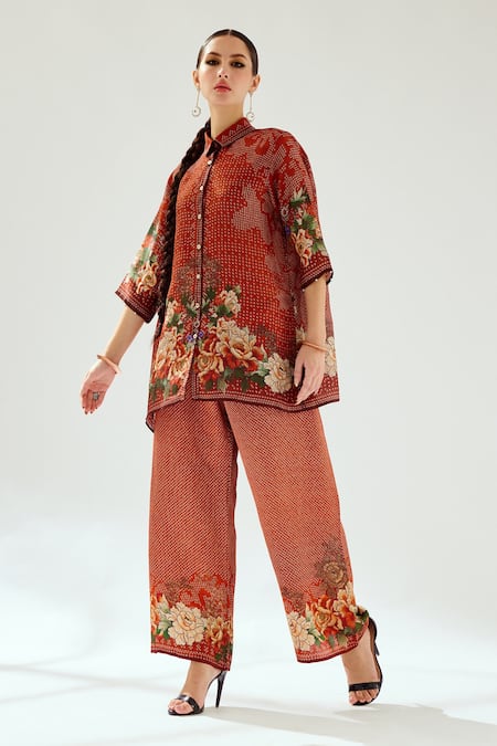 Rajdeep Ranawat Orange Silk Floral Shirt Collar Maizah Tunic 