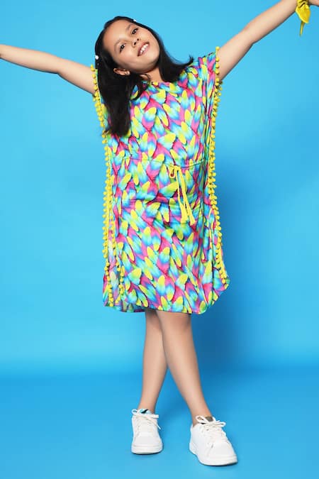 Littlecheer Multi Color Viscose, Satin Feather Print Kaftan Dress 