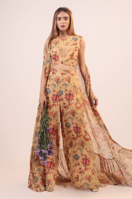 LABEL SHRISTI CHETANI Beige Crepe Print Floral Pattern Cape Open Flared Pant Set 