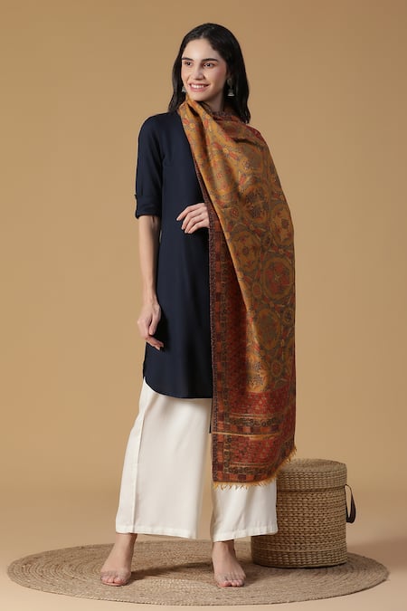 Shingora Yellow Woven Floral Jacquard Pattern Stole