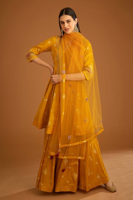 Shyam Narayan Prasad_Yellow Cotton Satin, Viscose, Silk, Net Zardozi Work Anarkali Sharara Set _Online_at_Aza_Fashions