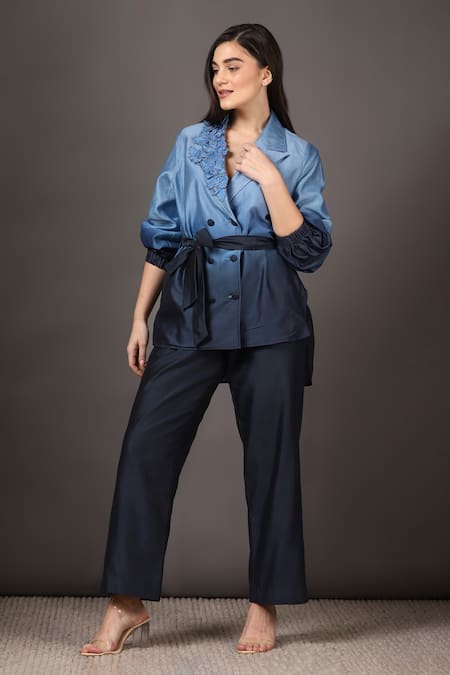 Buy Sakshi Khetterpal Blue Chanderi Silk Embroidery Double Breasted Blazer Pant Set at Aza Fashions Buy_Sakshi Khetterpal_Blue Chanderi Silk Embroidery Double Breasted Blazer Pant Set _at_Aza_Fashions