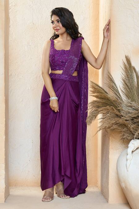 Shop Aariyana Couture Purple Modal, Satin, Silk Embroidery Round Neck Pre-draped Saree With Blouse Online at Aza Fashions Shop_Aariyana Couture_Purple Modal, Satin, Silk Embroidery Round Neck Pre-draped Saree With Blouse_Online_at_Aza_Fashions