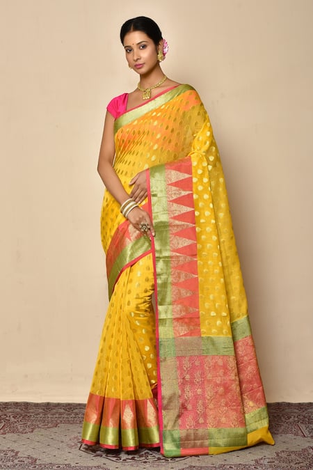 Nazaakat by Samara Singh Yellow Saree Banarasi Cotton Chanderi Silk Woven Geometric Pattern