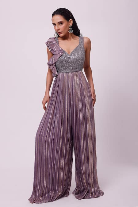 Onaya Purple Organza Embroidery Sequin V Neck Bodice Jumpsuit 